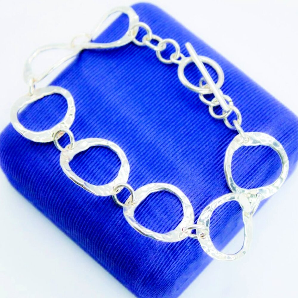 925 Sterling Silver Hammered Modernist Open Circle Link Vintage Bracelet